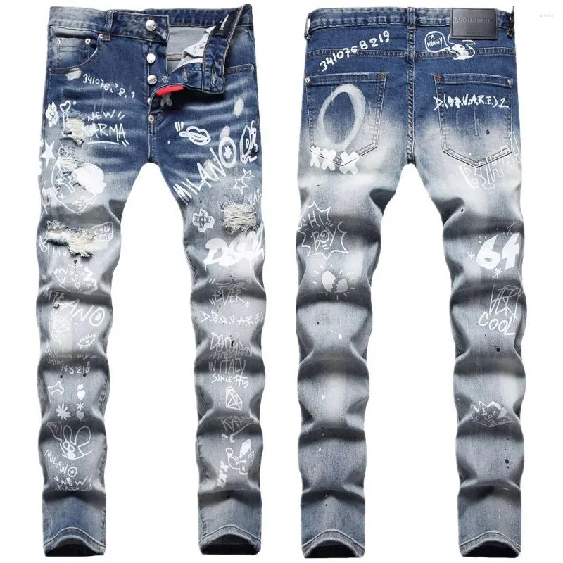 Jeans masculinos homens estiramento rasgado personalidade carta impressão destruído desgastado magro y2k moda hip hop azul denim calças streetwear