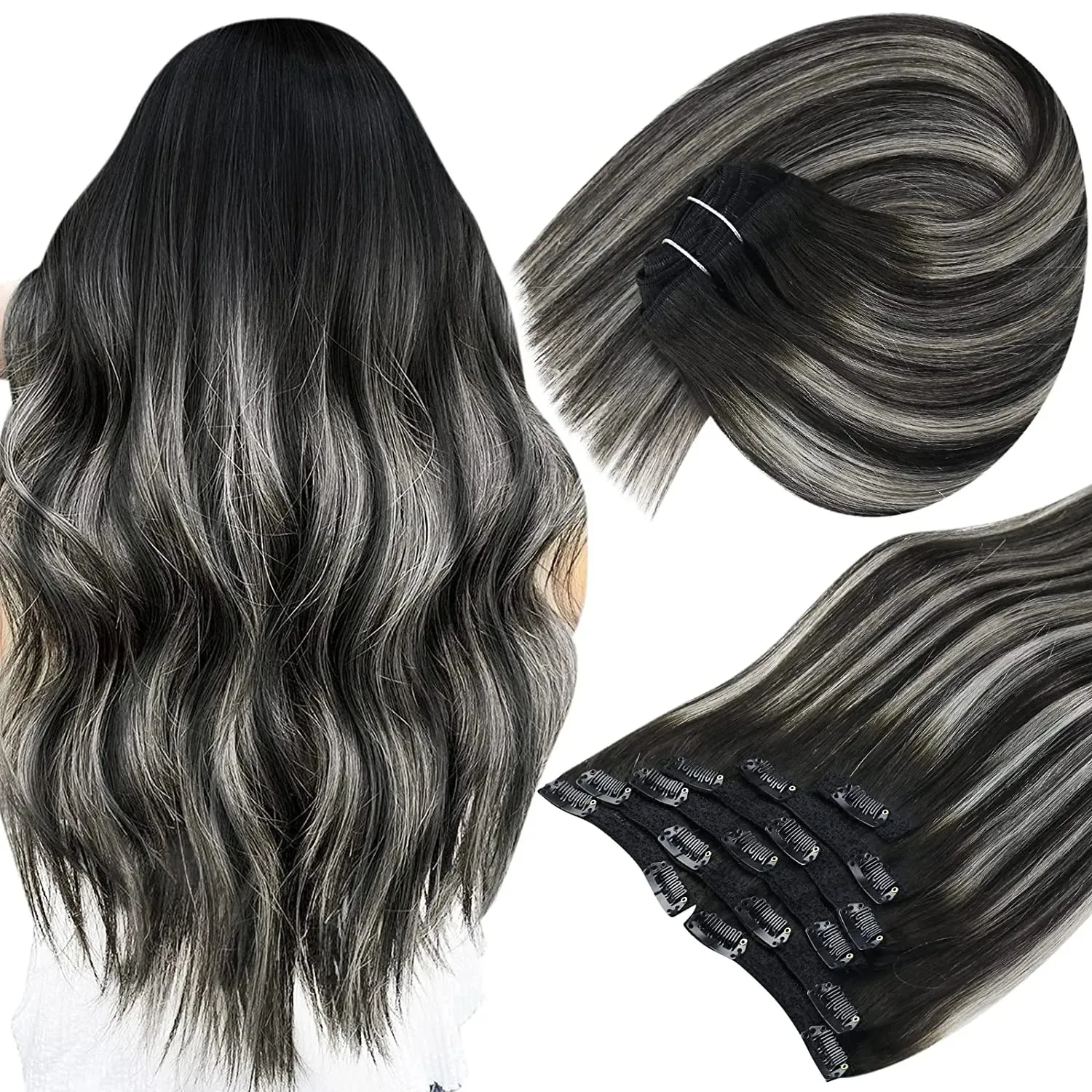 Clip di pizzo pieno di lucentezza nei capelli neri Balayage argento 18 pollici 7 pezzi veri capelli umani capelli naturali doppia trama dritta 120G 231016