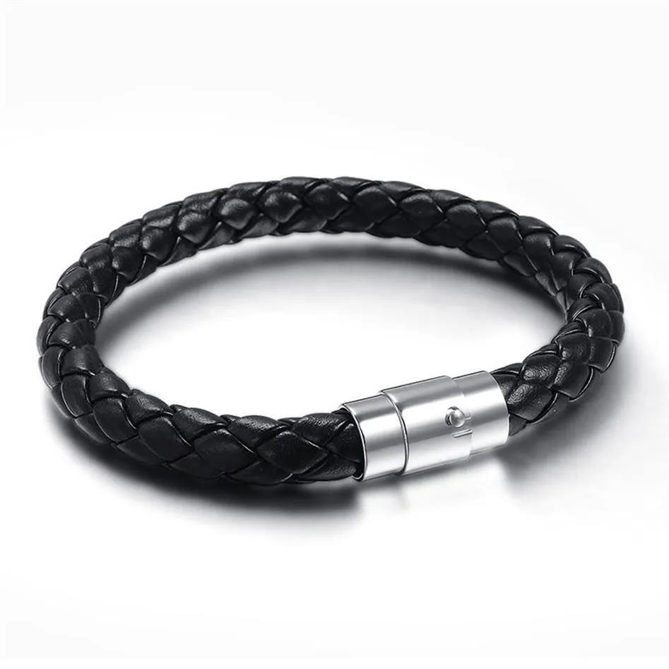 Pulseira de aço inoxidável masculina, pulseira de couro com cordão, cor preta, pulseira de couro para homens, corda, joias258b