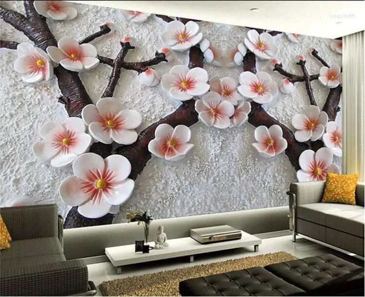 Tapeten Benutzerdefinierte Wandbild Moderne Kunst Malerei Hochwertige Tapete 3d Wohnzimmer TV Hintergrund Relief Pflaume PO Papier