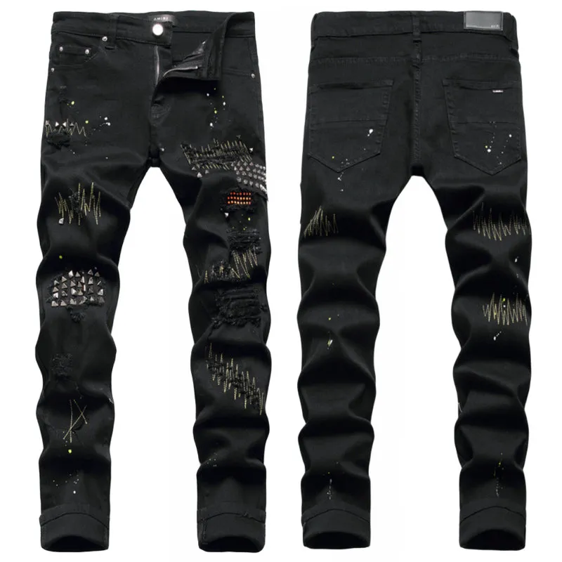 Männer Jeans Brief Stern AM winziger Fleck Männer Stickerei Patchwork Ripped Sexy Romantische Wilde Motorrad Hose Herren AM3111-00 Größe 29-38