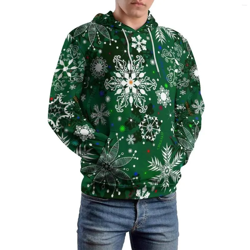 Hoodies masculinos floco de neve de natal solto impressão verde casual hoodie homem manga longa y2k gráfico moletom com capuz plus size 4xl 5xl