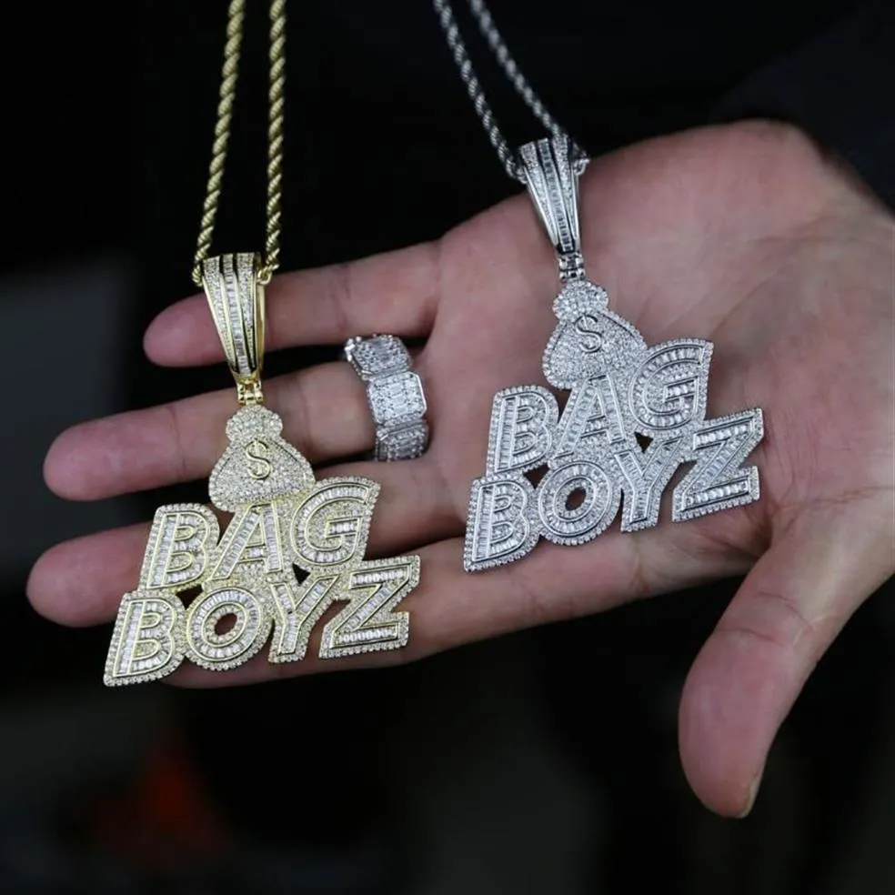 Catene Stili Punk Collana con zirconi cubici pieni di lettere pavimentate Borsa Boyz Ciondolo con ciondolo Catena a corda per uomo Ragazzo Hip Hop217E