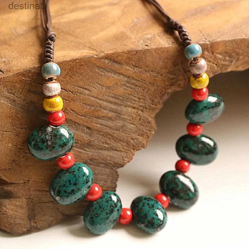 Pendant Necklaces Fashion Ethnic style Handmade ceramic Bead pendant sweater chain necklace N492L231017