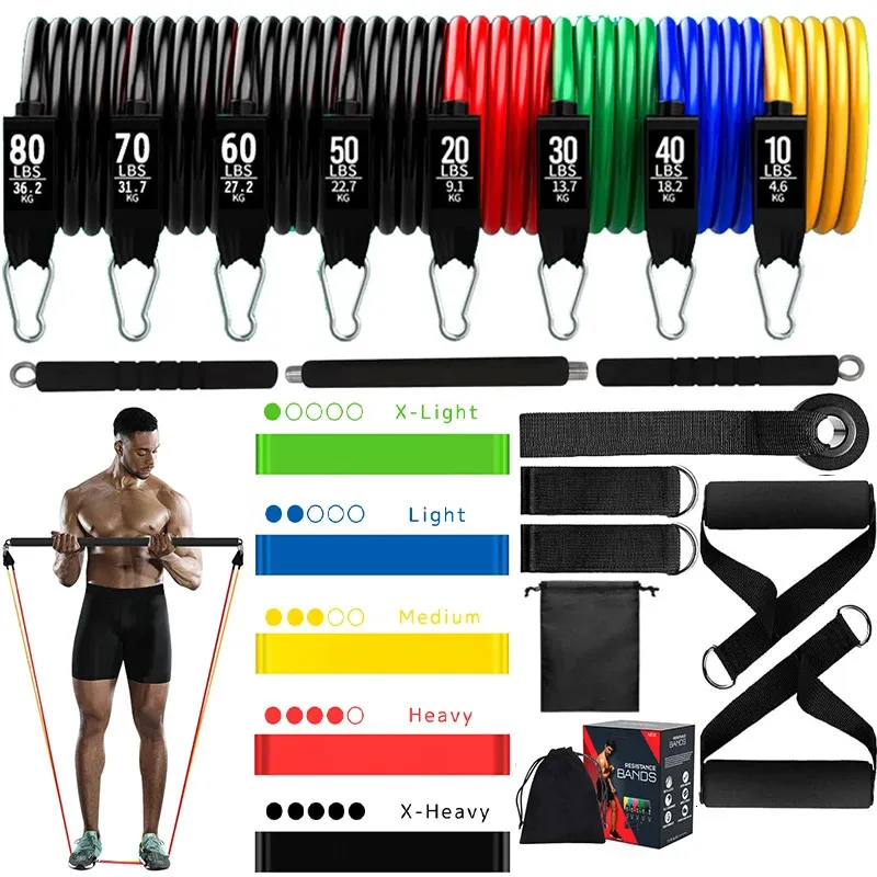 Elastici a resistenza 22 pezzi Kit barra Pilates Set 360LBS 200LBS Corda elastica in lattice per tirare la corda Palestra di casa Bodybuilding Allenamento Fitness 231016