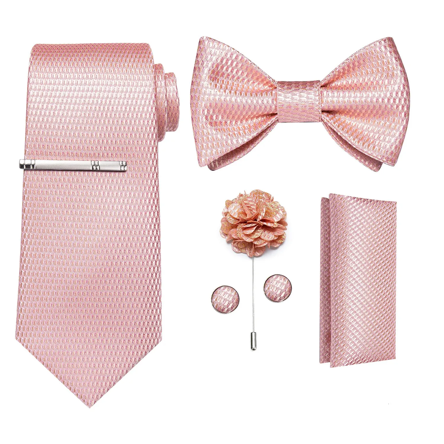 Neck Ties Solid Pink Plaid Ties For Men Fashion Men's Self Tie Bow Tie Pocket Square Cufflinks Set Men Neck Tie Clip And Brooch 231013