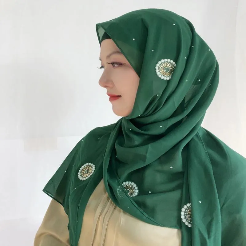 Ethnische Kleidung Muslim Strass Hijab Perlen Knopf Malaysia Shimmer Bubble Chiffon Schal Turban Islamische Wraps Schals Lieferant