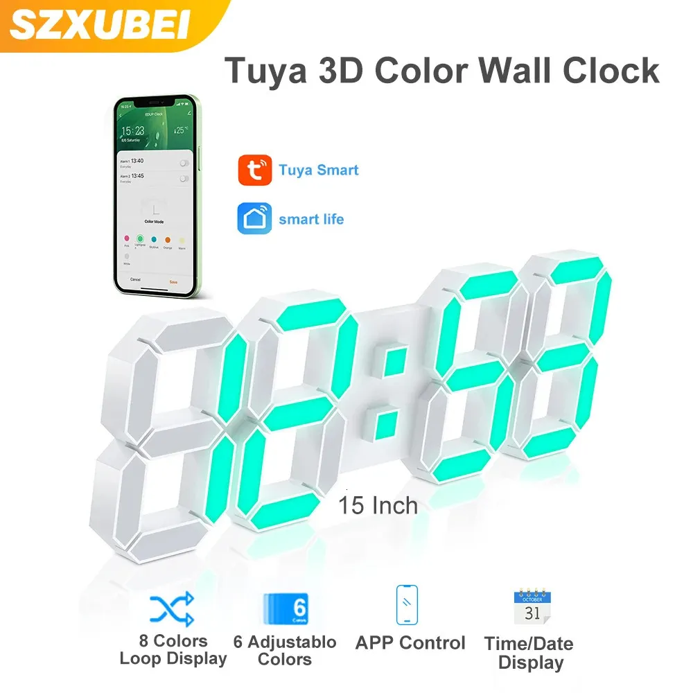 Relógios de parede Tuya Alarm Clock 3D LED Wall Digital Color Clock 15inch Nordic Wall Clock Snooze Table Clock Calendário Termômetro Pendurado Relógio 231017