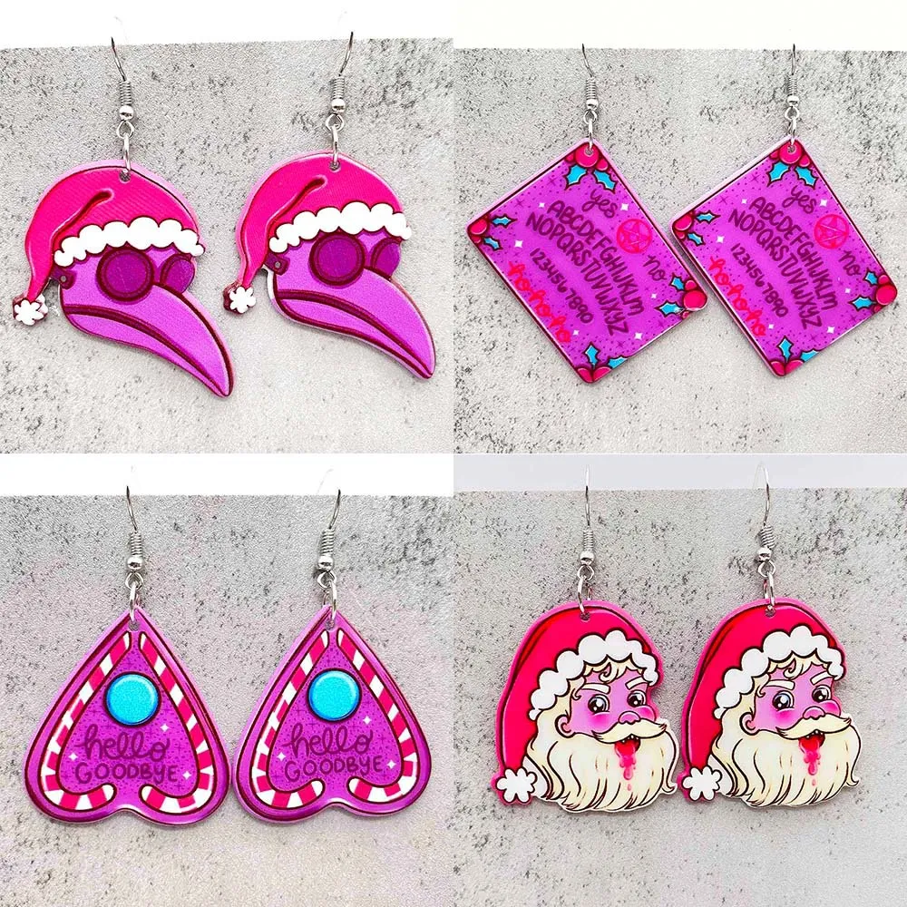 Christmas Drop Earrings Fashion Double-sided Hot Pink Santa Claus Dangle Love Heart Letter Acrylic Charm Earring Women Lady Girls Gifts Cartoon Street Party Jewelry