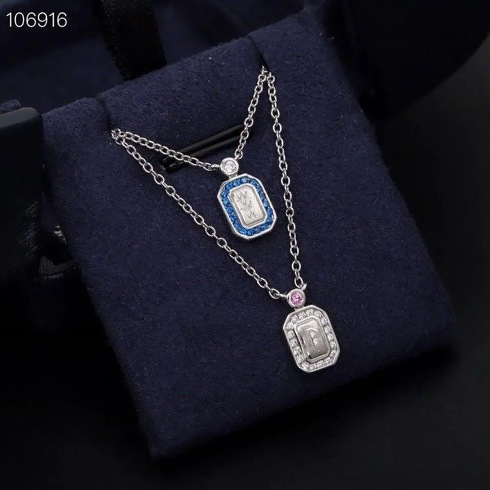 قلادة قلادة عالية الجودة S925 Sterling Silver Bule Crystal Square Perfume Bottle Charm سلسلة قصيرة للنساء المجوهرات 320s