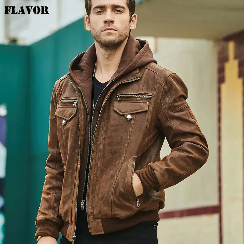 ジャケット・アウター 291295 HOMME Pigskin Leather Jacket Men's Pigskin Leather Jacket with Removable Hood Brown Zipper