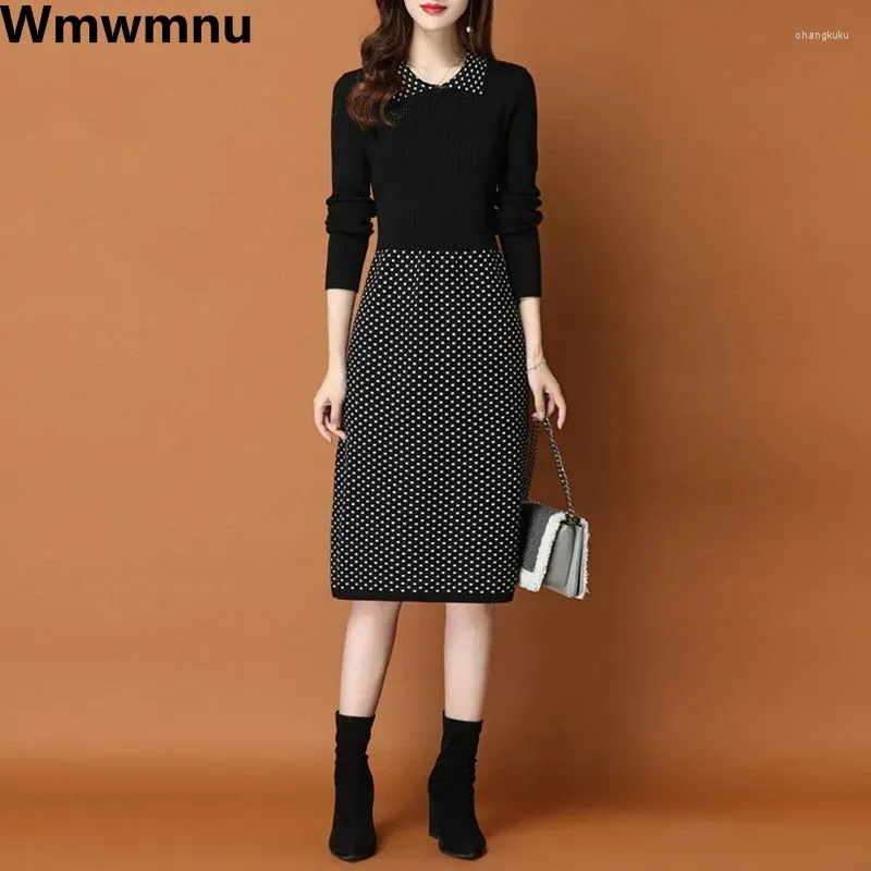 Casual Dresses Thick Dot Print Sticke Dress Patchwork Loose Midi Fall Winter Knitwear Vestido Elegant Women Bottoming tröja Robe