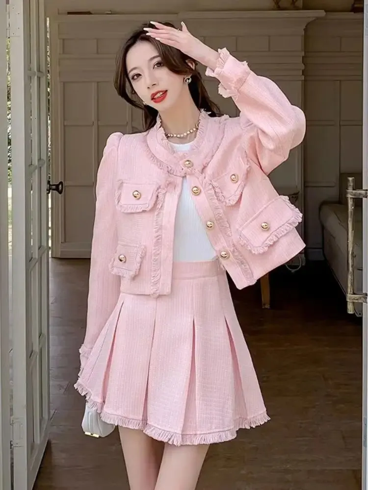 Women's Jackets 2-piece set Skirts Jackets Stand Neck Tweed Short Coat Long Sleeve Korean Outwear Tops Skirts Causal Elegant Women Jacket 231017