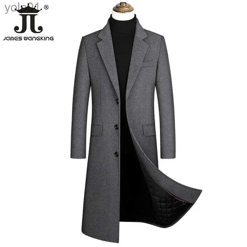 Trenchcoats voor heren 2023 Herfst en winter Boutique Wollen Zwart Grijs Klassiek Effen Kleur Dik Warm Extra lange wollen trenchcoat voor herenL231123