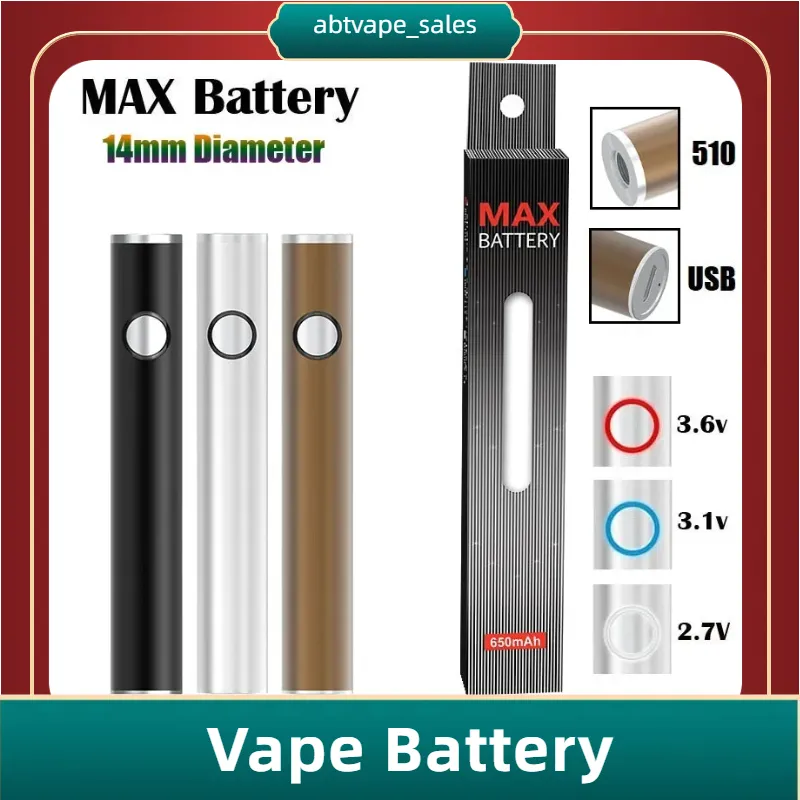 Batería máxima original de China Baterías de cartucho de 14 mm de diámetro 650 mAh Precalentamiento de voltaje variable VV Vape Pen para 510 carros con paso USB Precio directo de fábrica