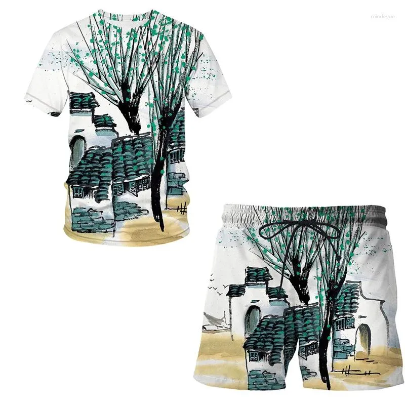 Survêtements pour hommes Peinture au pinceau chinois Été Hommes Survêtement 3D T-shirt imprimé Short de sport Costume Casual Pantalon à manches courtes 2 pièces Ensemble