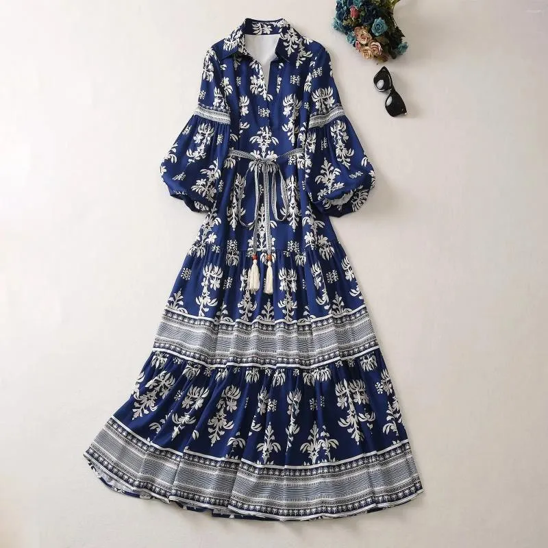 Casual Dresses European And American Women's Dress 2023 Summer Style Three-quarter Sleeve Lapel Blue Print Fashion Lace-up Pleated