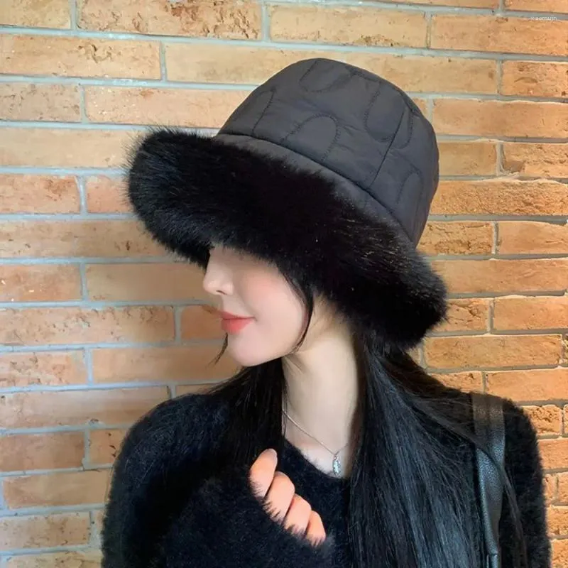 Hats Big Fluffy Imitation Hair Bucket Hat For Women Luxury Plush Warm Winter Thicken Cold Snowy Day Panama Cap