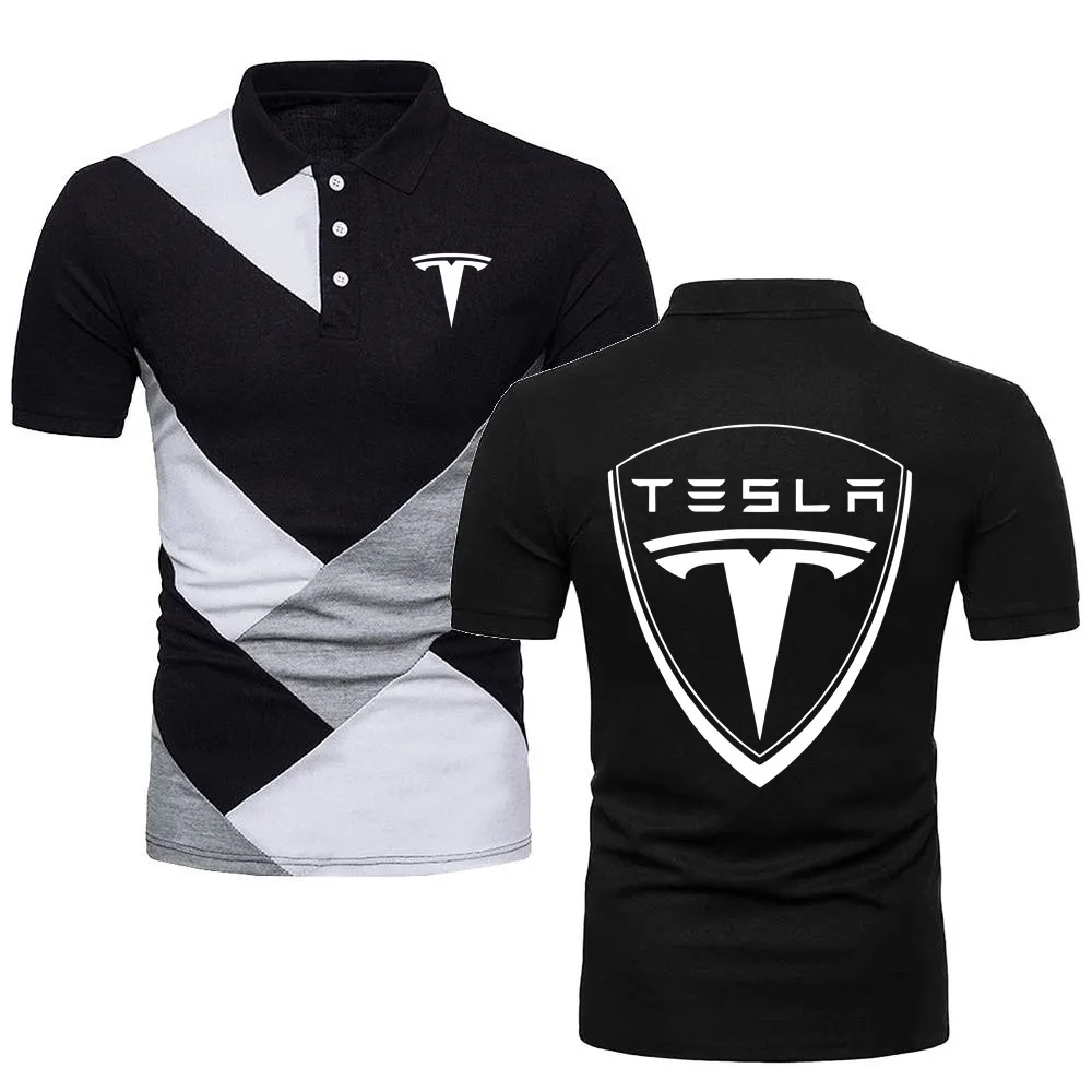 Polo Shirts Casual Sport Men's TShirts Military Style Short-Sleeve Top Tees TESLA Car Logo Topshirts Contrast Color Polo