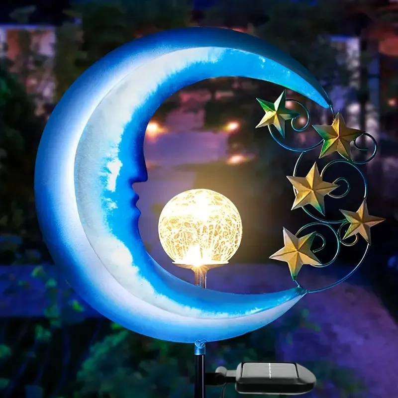 1pc Solar Garden Light, Waterproof Moon Star Design Decorative Light, For Courtyard Path Landscape Halloween & Christmas Decorations