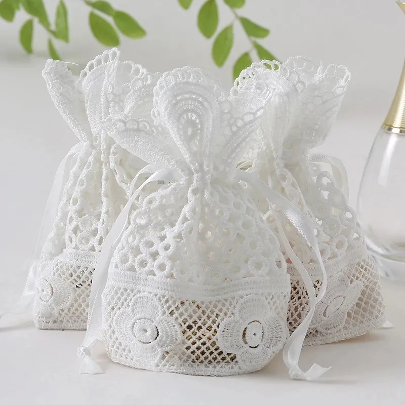 Gift Wrap 10 30 50pcs Round Hole Lace Bag Jewelry Storage Milk Yarn Bundle Pocket Drawstring Bags Packaging Party Wedding Favors gift 231017