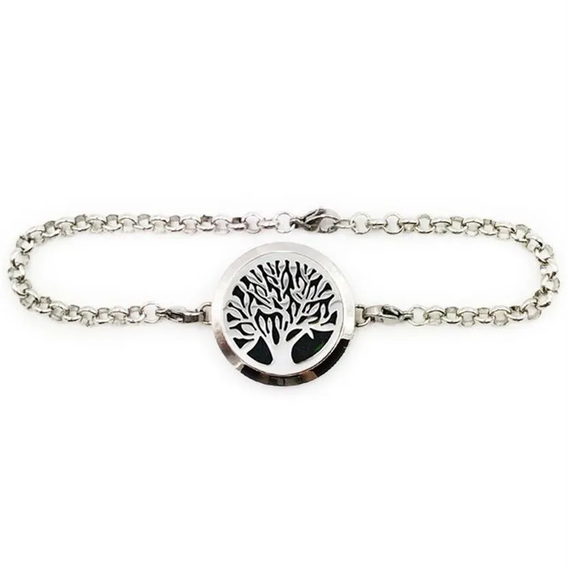 316L Rostfritt stål Tree of Life Aromatherapy Armband Essential Oil Diffuser Locket med 6 filt PADS247B