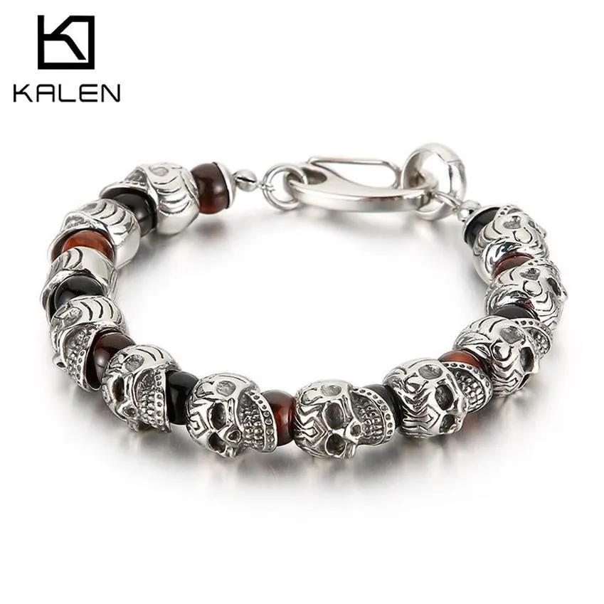 KALEN Punk crâne bracelet à breloques hommes en acier inoxydable 8mm perles de pierre naturelle perles Brecelets mâle gothique bijoux 210323256M