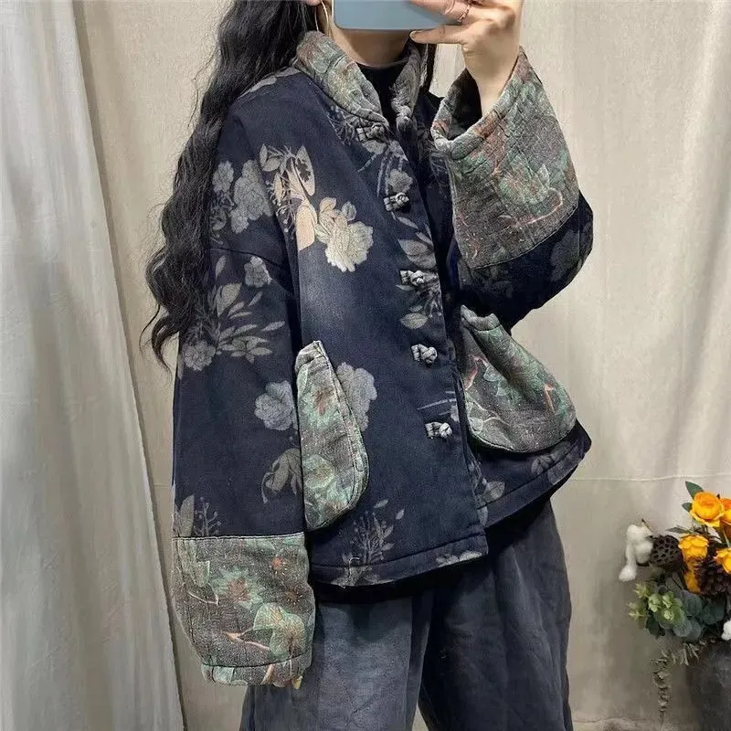 Women's Jackets Autumn Winter Arts Style Women Long Sleeve Thick Warm Short Coat Vintage Single Breasted Print Padded Coats Jacket P09 231016