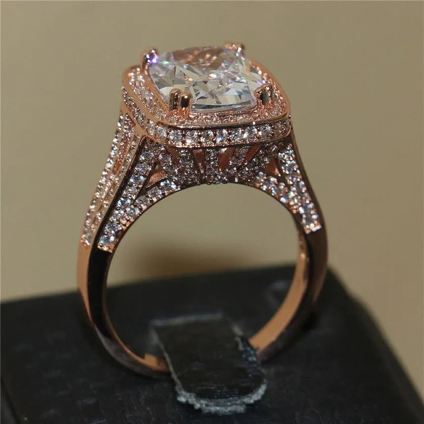 Luxury 925 Sterling Silver and Rose Gold Fill Pave Setting 192PCS AAA CZ SETING 8CT SQUEMSTONE RINGS IRON TOWER WEDDINGRI264C