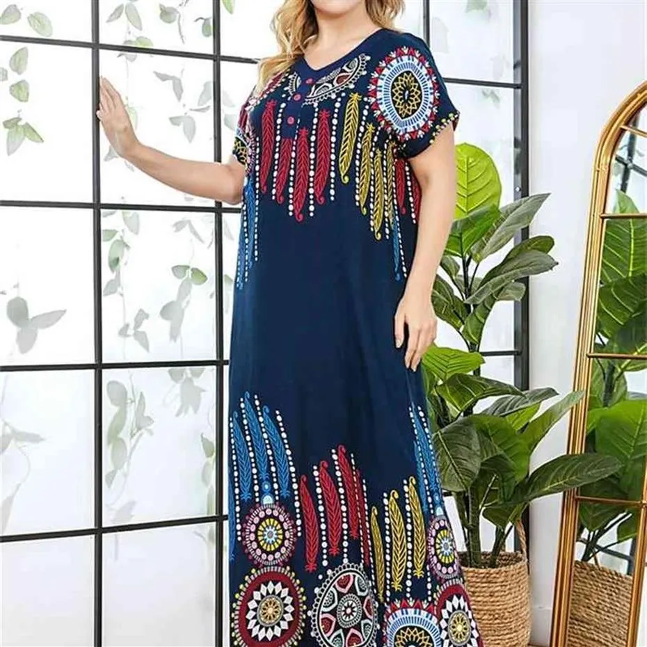 Vintage Ethnic Print Maxi Dress for Women Summer Rayon Cotton V Neck Short Sleeve Plus Size Casual Arabic Clothes 210517248p