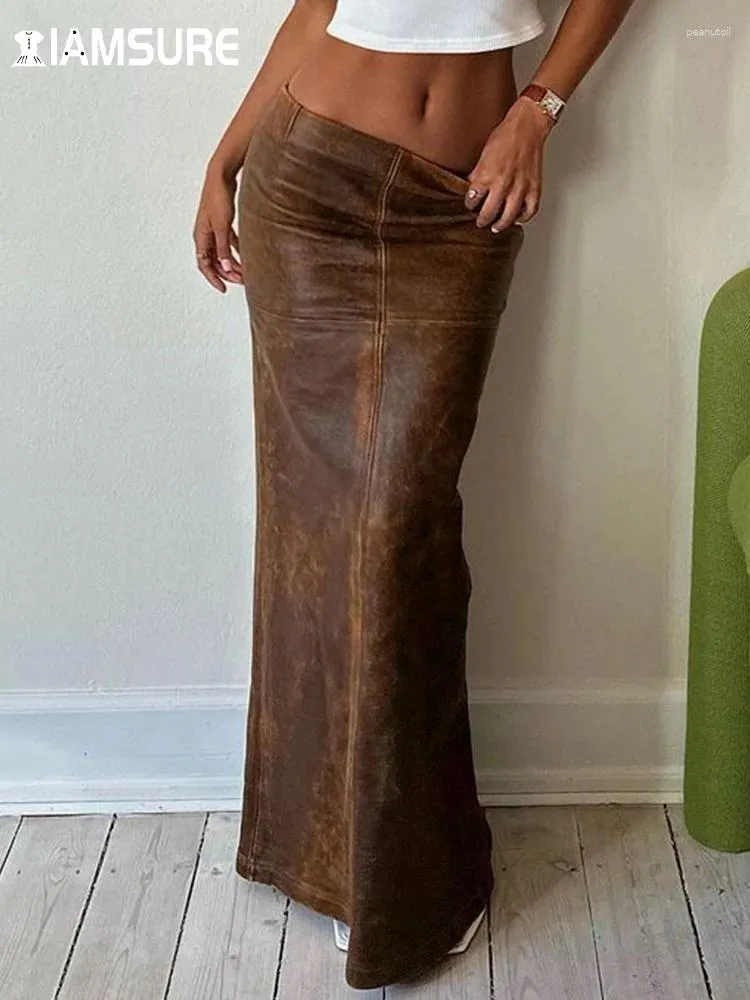 Jupes Iamsure élégant mode PU cuir jupe fendue Vintage mince taille basse Maxi femmes 2023 automne printemps dames Streetwear