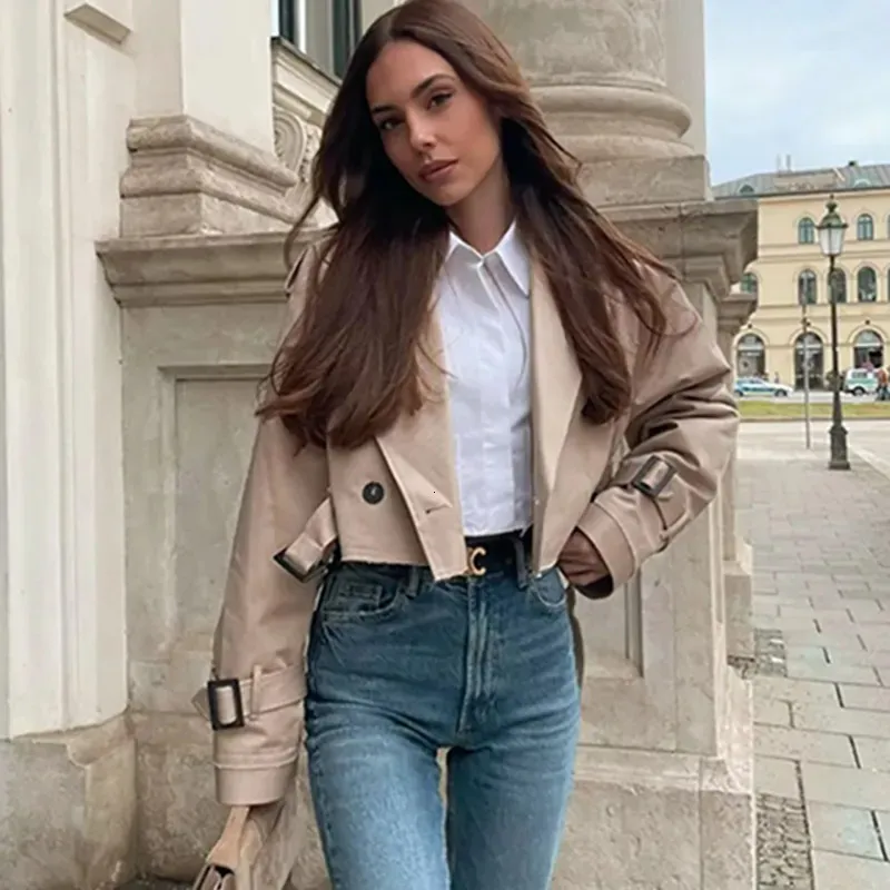 Women's Jackets Belt Cropped Trench Jacket Women Autumn Fashion Vintage Streetwear Double Breasted Long Sleeve Top Female Chic Lady Coat Outfits 231016