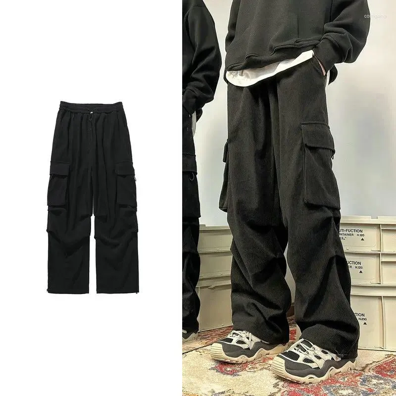 Pantaloni da uomo in velluto a coste Cargo da uomo tasca laterale Hip Hop pantaloni sportivi a gamba larga moda maschile elastico in vita Jogger Harlan donna streetwear