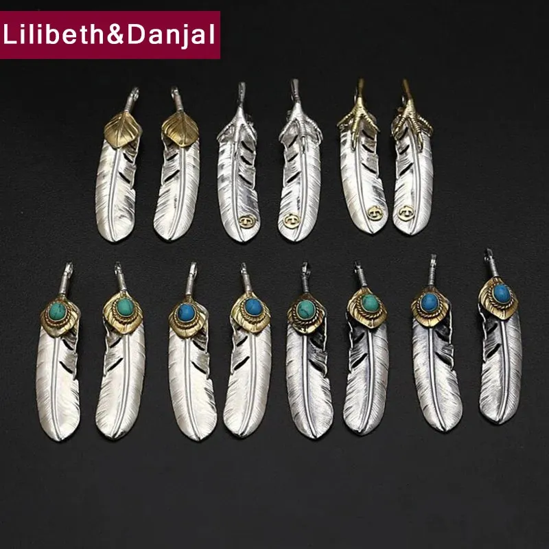 Pendant Necklaces Goro's Takahashi 100% Real 925 Sterling Silver Natural Stone Turquoise Feather Necklace Pendant for Men Women fine jewelry GP35 231016