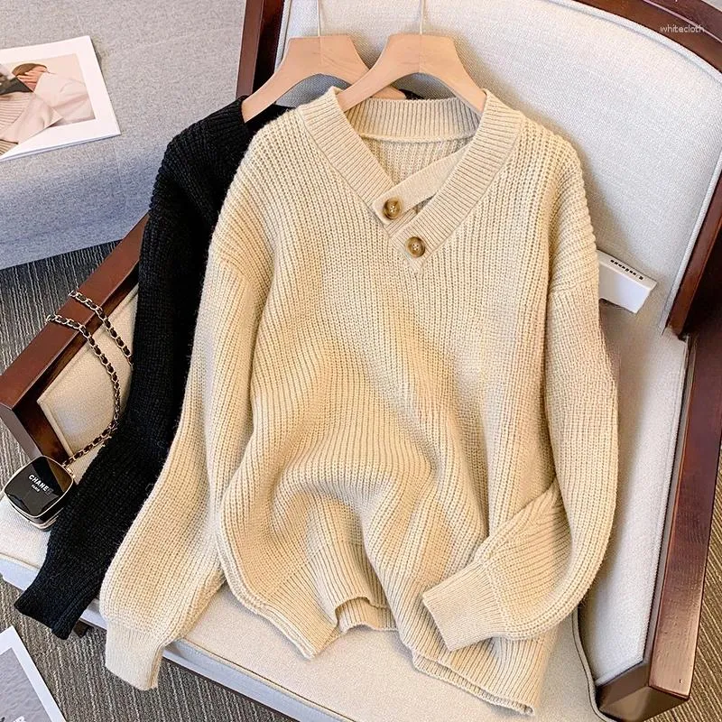 Damessweaters DUOFAN gebreide trui voor dames Lente losse effen dames trui met lange mouwen V-hals Design Feel Top