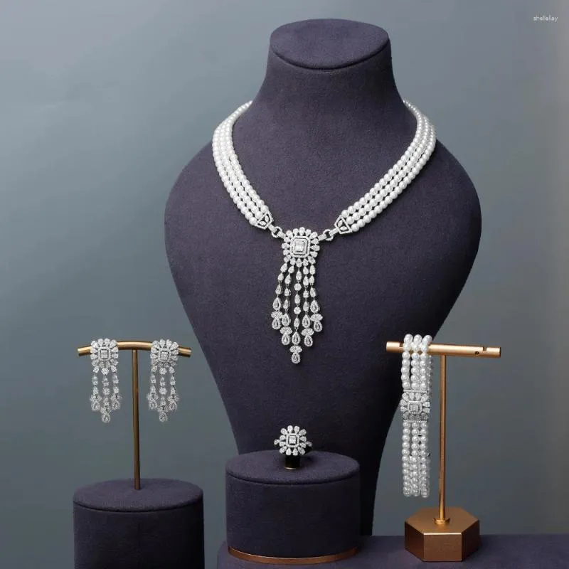 Kolczyki naszyjne Zestaw klejnot 2023 3 -warstwowy pierścień bransoletki perłowej na ślub wysokiej jakości biżuterii z cyrkon
