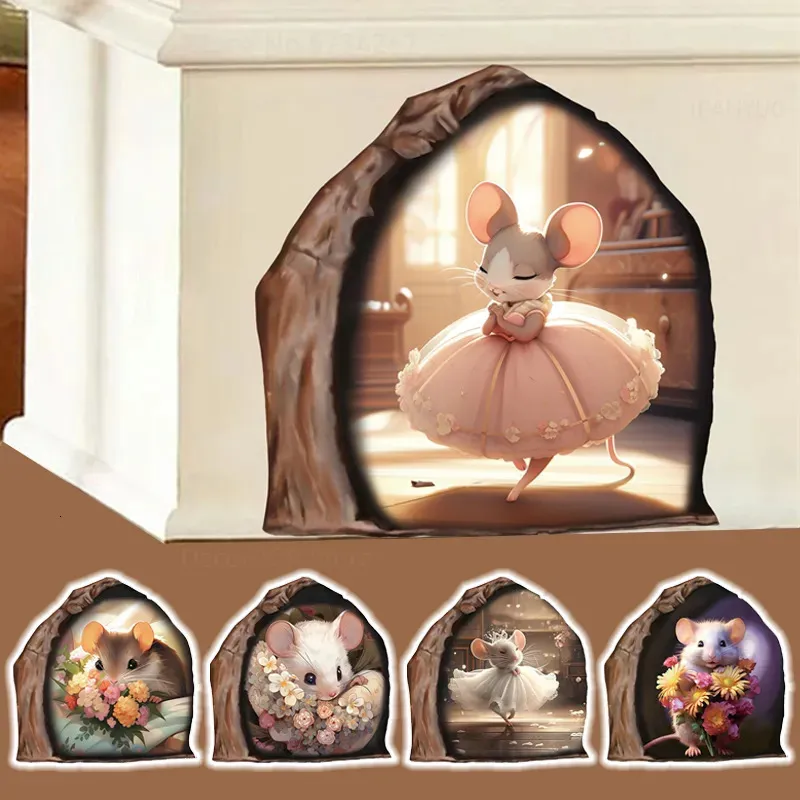 Wall Stickers 12 Styles Realistic Mouse Hole mouse Princess reading dancing kids Room Living Home Decor Vinyl Mural Decals 231017