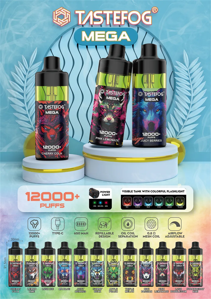 Горячие продажи Tastefog Mega 12K Puffs Многоразовые и перезаряжаемые Vape 12000 Puff Электронная сигарета Pod 2% 15 мл 650 мАч 12 вкусов со светодиодным фонариком Контроль воздушного потока