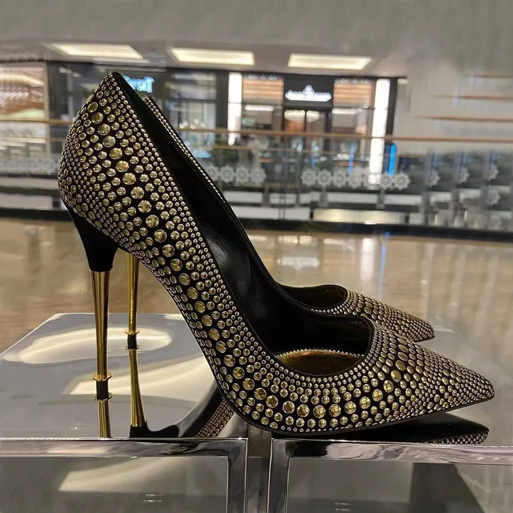 Women s Gold Pointed Toe Stiletto Heels with Metal Studs Bridal Wedding Evening Party Shoes