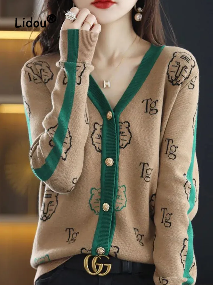 Puntos de mujer Tees Impresión de moda Little Tiger Jacquard Weave Suéter Abrigo suelto Cardigan Botón Allmatch Oficina coreana Lady Top 231016