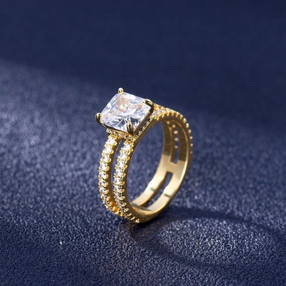 Dubbelskikt 14K-ring hänvisar till fyra pronginställning av hela diamantsmycken kvinnor män anillos de fin bizuteria 14 k guld ringar260n