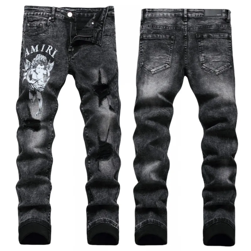 Pantalones vaqueros para hombre con letras y estrellas AM, punto pequeño, bordado de retales, rasgados, sexis, románticos, salvajes, pantalones de motocicleta para hombre, AM3389-00, talla 29-38