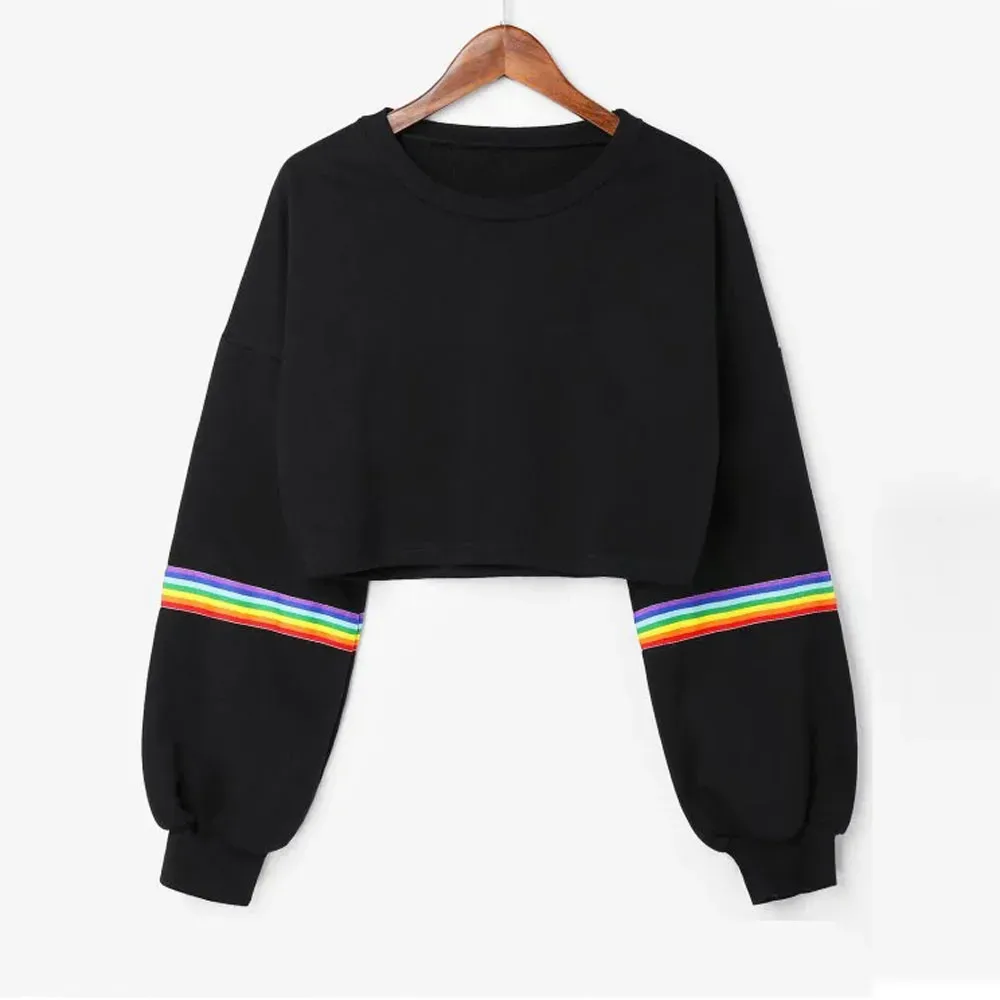 Femmes à manches longues rayé culture arc-en-ciel rayures sweat court pull noir pull haut Sudadera femmes sweats