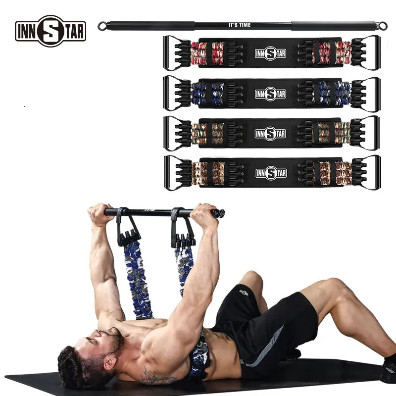 Weerstandsbanden INNSTAR Verstelbare bankdrukband met trainingsstang Push-up Elastice Draagbare borstexpander Fitnessapparatuur 231016