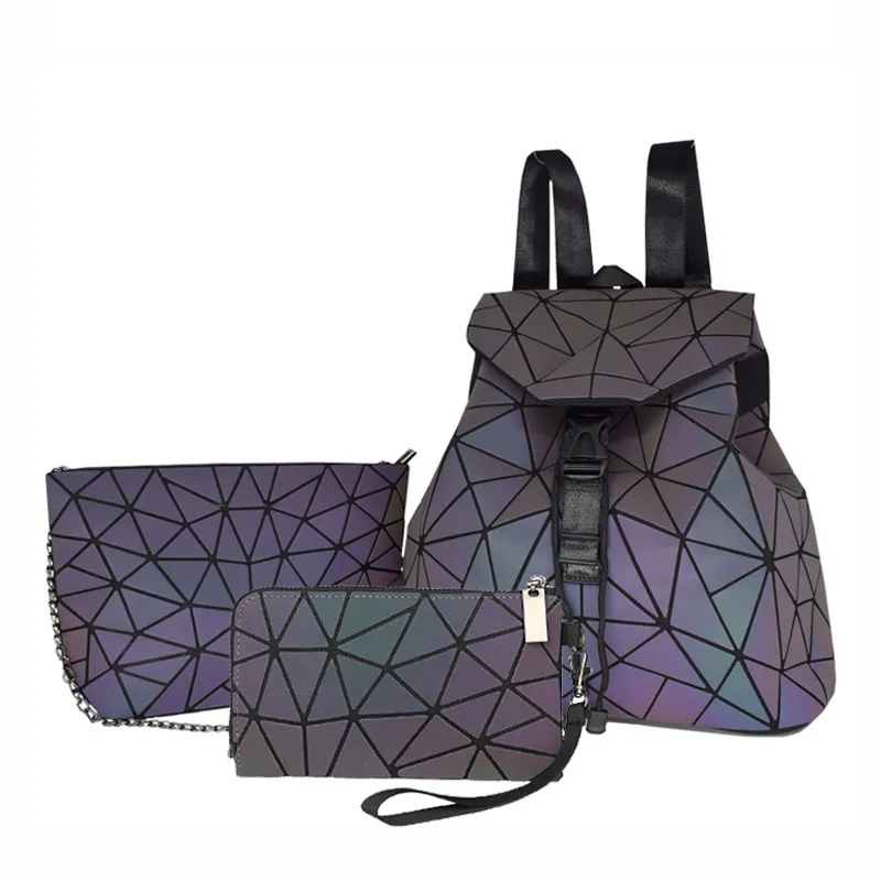 Set da 3 pezzi Zaino olografico Borsa a tracolla geometrica riflettente luminosa Borsa a tracolla Portafogli per donne e ragazze