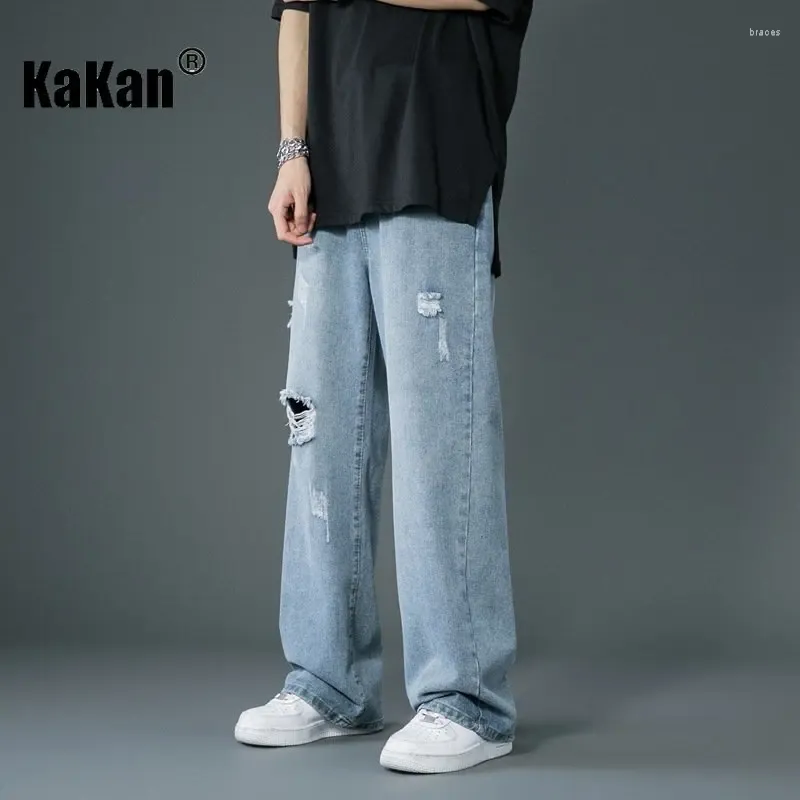 Jeans masculinos Kakan - Estilo Europeu e Americano Ruffled Bonito Corte Reto Juventude Solta Encaixe Perna Larga Longo K29-K71