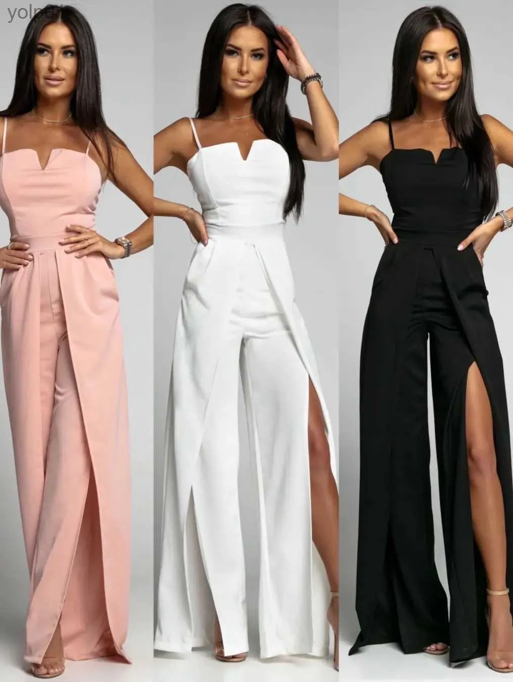 Kobiety Jumpsuits Rompers 2023 Nowe seksowne kobiety One Piece kombinezonu szerokie nogi spodnie proste talia bez rękawów Bodysuit split v szyja rompers elegantl231017