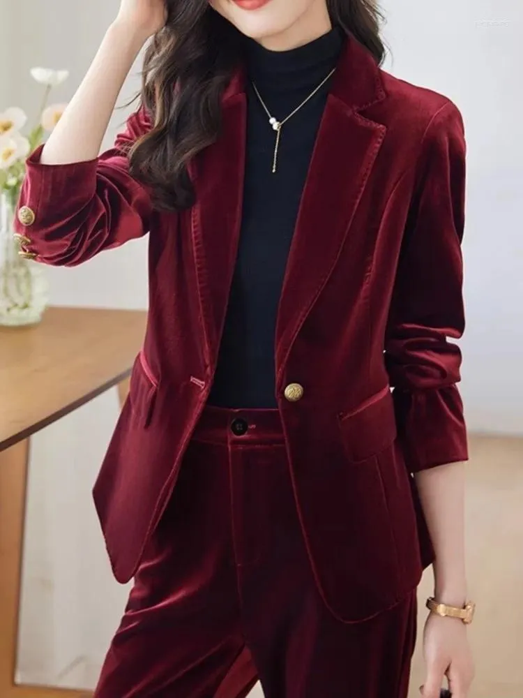 Women's Two Piece Pants Women Elegant Fashion Velvet Blazer Pieces Set Autumn Casual Vintage Jackets Coat Wide-Leg Pantsuit Female Chic