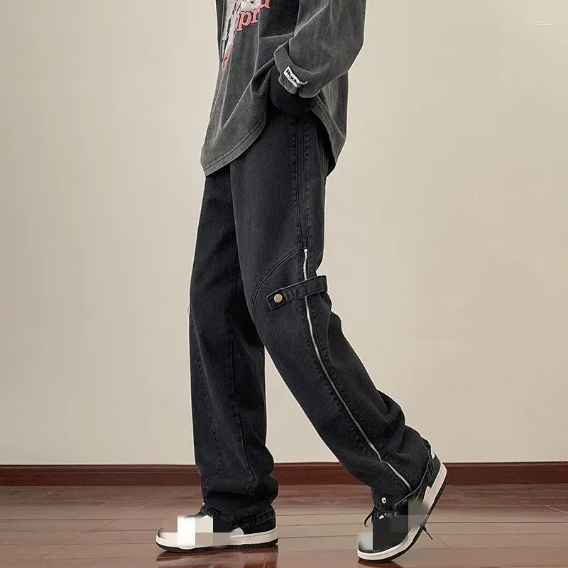 Męskie dżinsy jeansowe i zimowe japońskie trendy uliczne spodnie otwierające nogi zamek błyskawiczny Kreatywny projekt prosty hip-hopowy
