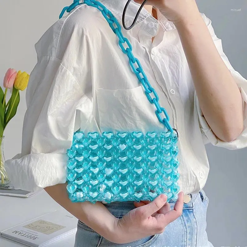 Borse a tracolla Borsa tessuta fatta a mano Perline d'amore multicolori Borsa a tracolla di lusso con perline di cristallo trasparente da donna